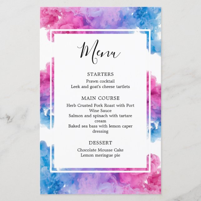 Rosa blaues Rauchen Gender Reveal Party Food Menu (Vorderseite)