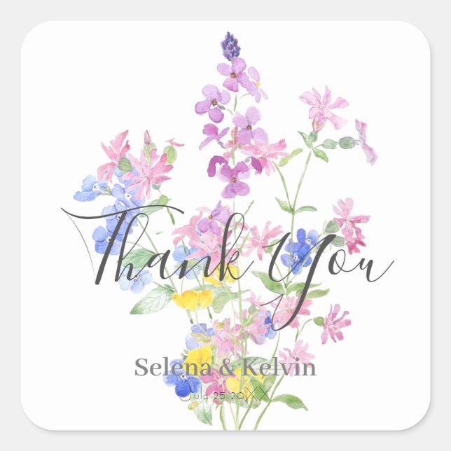 Rosa blaugelbe Wildblumen rund Aufkleber (Vorderseite)