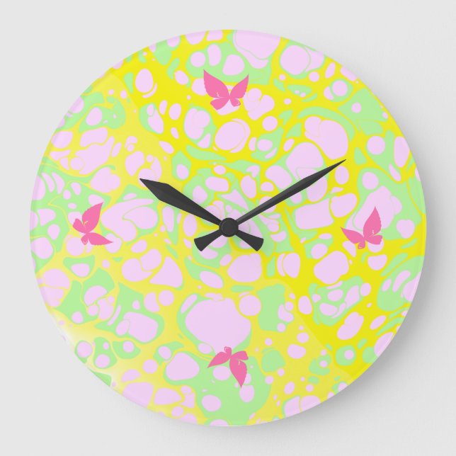 Rosa Blobs und Schmetterlinge Große Wanduhr (Vorderseite)