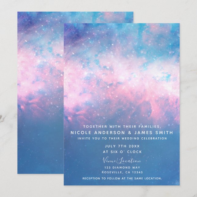 Rosa & Blue Starry Cosmic Cotton Candy Sky Wedding Einladung (Vorne/Hinten)
