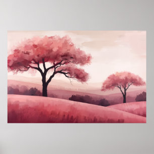 Rosa blühende Bäume, rollende Hügel Landschaft Poster