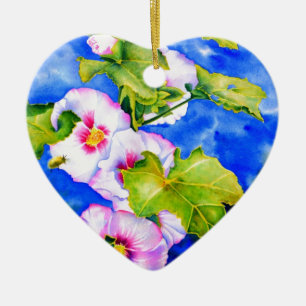 Rosa blühende Blume in Aquarellfarbe Hollyhocks Keramik Ornament