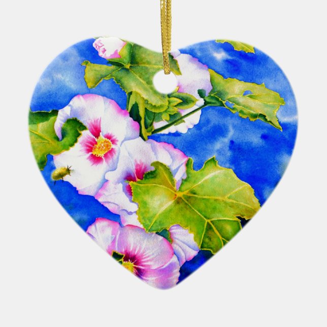 Rosa blühende Blume in Aquarellfarbe Hollyhocks Keramik Ornament (Vorne)