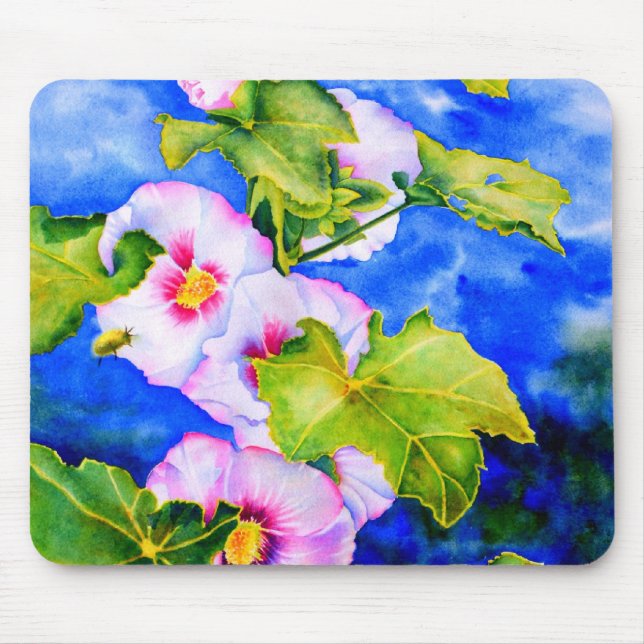 Rosa blühende Blume in Aquarellfarbe Hollyhocks Mousepad (Vorne)