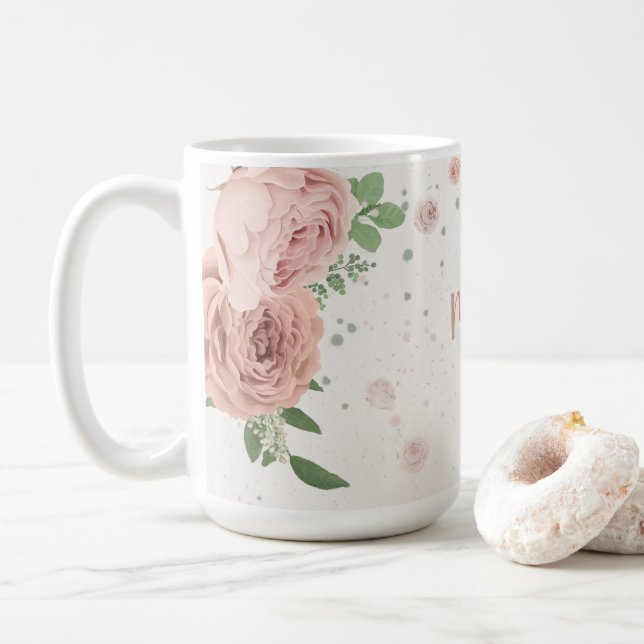 rosa blühende Blumen Grün Botanik Kaffeetasse (Mit Donut)