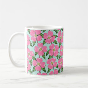 Rosa, blühende Dogwood-Linie, die auf Aqua blühend Kaffeetasse