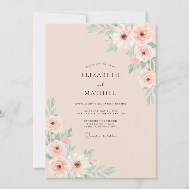 Rosa blühende florale Hochzeit Einladung (Vorderseite)