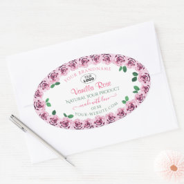 Rosa blühende Rose Weiße Produktmarken mit Logo Ovaler Aufkleber