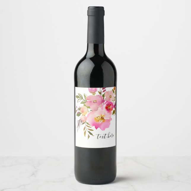 rosa blühende, süße, romantische Aquarellfarben-Bl Weinetikett (Vorderseite)