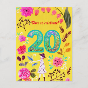 Rosa blühender Blumen-Chic Zwanzigster Geburtstag  Postkarte