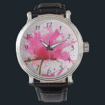 Rosa Blume Abstrakt Paint Spritzer Armbanduhr<br><div class="desc">Hübsche Blume mit rosa Blütenblättern,  die hinter einer großen,  weißen Mauer zu rosa Spritzern explodieren. Große Farbtröpfe werden versprüht und überall versprüht. Cool modernes,  abstraktes zeitgenössisches Design.</div>