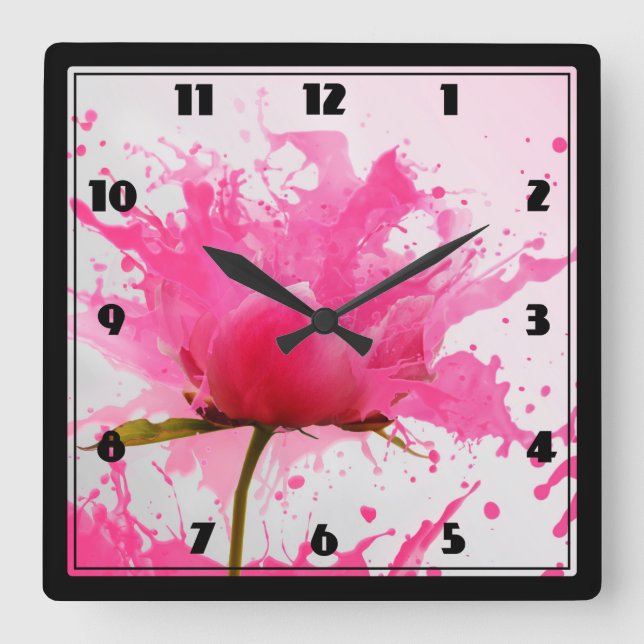 Rosa Blume Abstrakt Paint Spritzer Quadratische Wanduhr (Vorderseite)