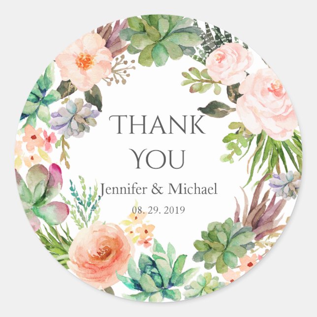 Rosa Blume Aquamarin Grüne Kakteen Hochzeit Runder Aufkleber (Vorderseite)