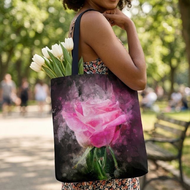 Rosa Blume Aquarell - bb (Pink Rose Watercolor on Black Background. Tote Bag)