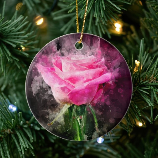 Rosa Blume Aquarell - bb Keramik Ornament (Pink Rose Watercolor on Black Background. Ceramic Ornament)