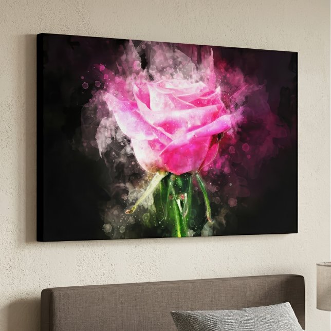 Rosa Blume Aquarell - bb Leinwanddruck (Pink Rose Watercolor on Black Background. Canvas Print )