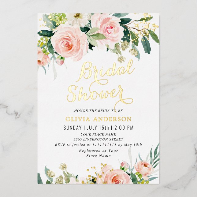 Rosa Blume Aquarell Brautparty Gold Folieneinladung (Vorderseite)