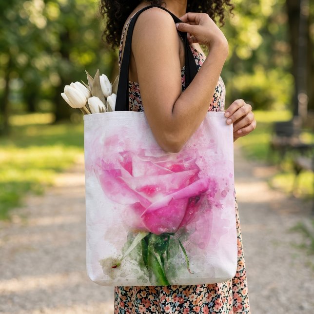 Rosa Blume Aquarell - wb (Pink Rose Watercolor Art on White Background. Tote Bag)