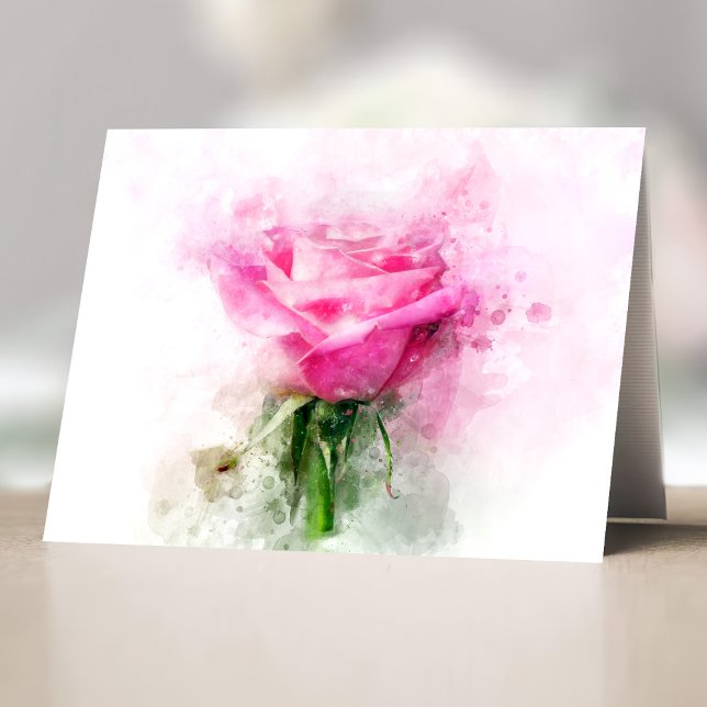 Rosa Blume Aquarell - wb Dankeskarte (Pink Rose Watercolor Art on White Background. Letterpress Thank You Card)