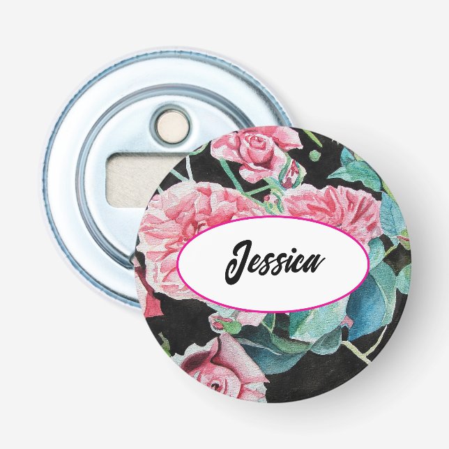 Rosa Blume Aquarellfarben Rose Schwarzer Schlüssel Flaschenöffner (Vorderseite)