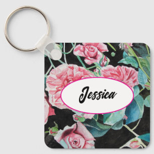 Rosa Blume Aquarellfarben Rose Schwarzer Schlüssel Schlüsselanhänger