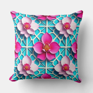 Rosa Blume auf einem geometrisch blauen Hintergrun Kissen