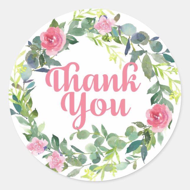 Rosa Blume auf Kranz Danke Runder Aufkleber (Vorderseite)