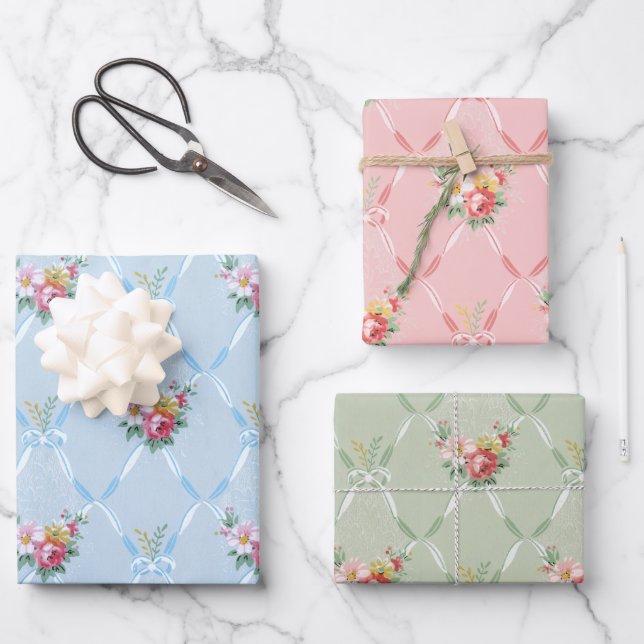 Rosa Blume auf rosa, grüne und blaue Ribbon Trelli Geschenkpapier Set (Vorderseite)