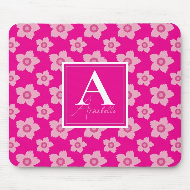 Rosa Blume auf rosa Hintergrundmonogramm Mousepad (Vorne)
