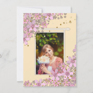 Rosa Blume aus Rosa, goldfarbene Polka-Punkte Glit Einladung