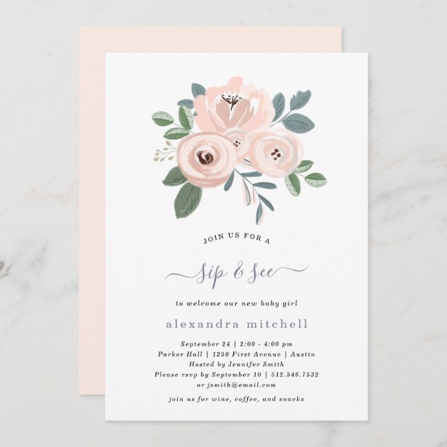 Rosa Blume| Baby Sip and See Einladung (Vorne/Hinten)