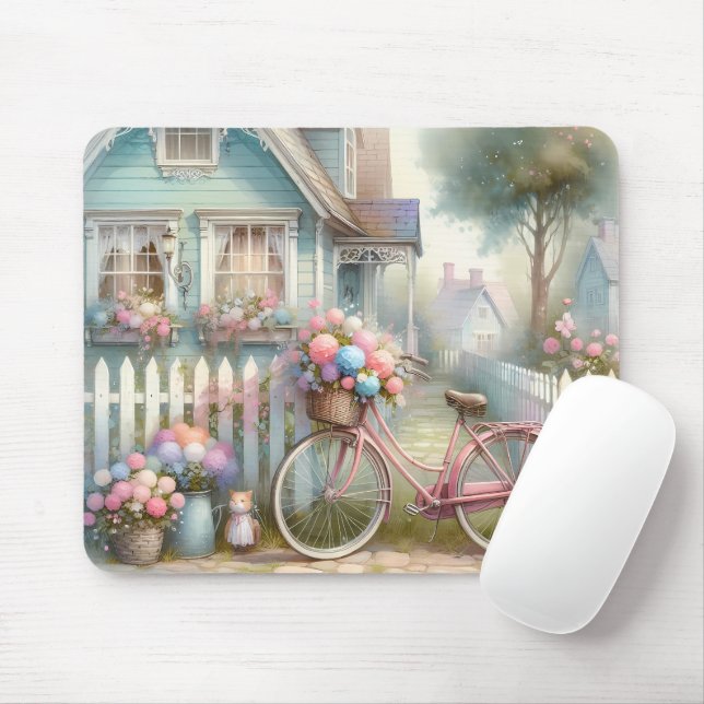 Rosa Blume Bike am Blue Hütte Gate Mousepad (Mit Mouse)