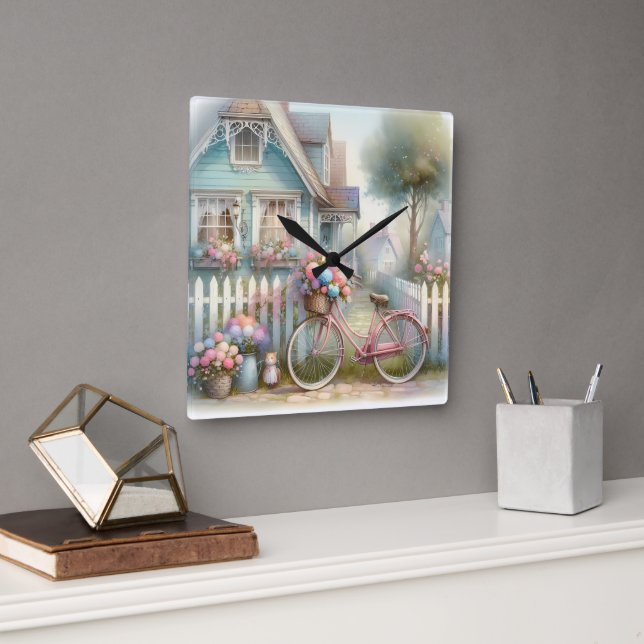 Rosa Blume Bike am Blue Hütte Gate Quadratische Wanduhr (Büro)
