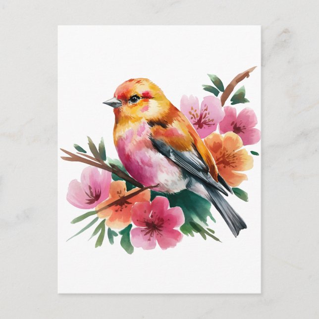 Rosa Blume Bird Postkarte (Vorderseite)