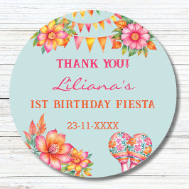 Rosa Blume Blau Fiesta 1. Geburtstag Gefallen Runder Aufkleber