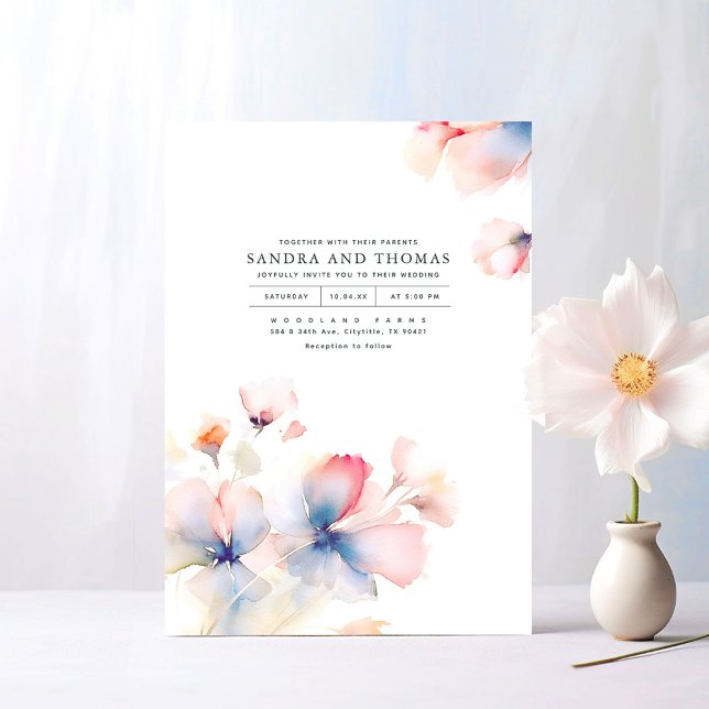 Rosa Blume Blau und Gold Shade Elegante Hochzeit Einladung (Minimalist Soft Pastel Floral Wedding Invitations)