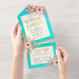 Rosa Blume Blue Green Gold Confetti Wedding RSVP All In One Einladung