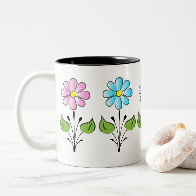 Rosa Blume Blume Muster farbenfroh einzigartig Zweifarbige Tasse (Mit Donut)