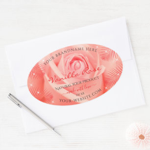 Rosa Blume Blumenprodukte Etiketten Palme Blätter Ovaler Aufkleber