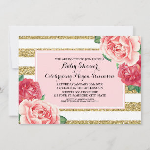 Rosa Blume Blush Gold Streifen Babydusche Einladung