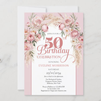 Rosa Blume boho arch pampas 50. Geburtstag Einladung
