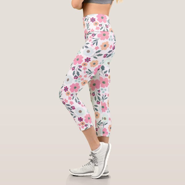 Rosa Blume Botanisches Weißes Design Capri Leggings (Links)