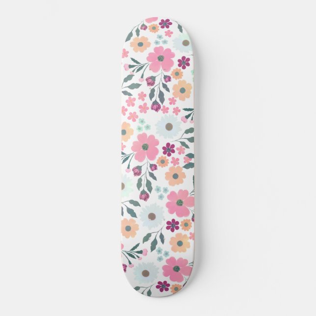 Rosa Blume Botanisches Weißes Design Skateboard (Vorderseite)