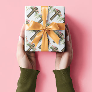 Rosa Blume Braun Religiöses Kreuz Ostern Geschenkpapier