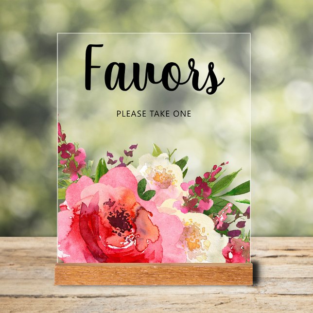 Rosa Blume Brautparty-Favoriten Acrylschild (Favors bridal shower tabletop  acrylic sign with pink and cream flowers and greenery)