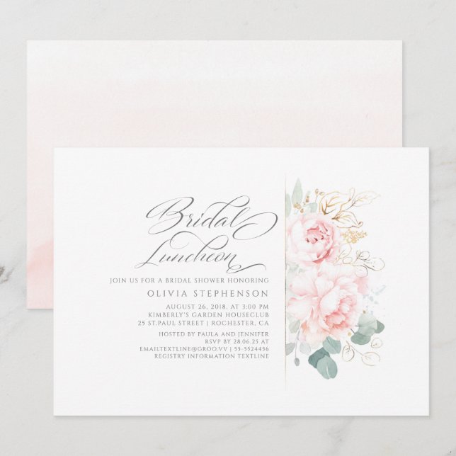 Rosa Blume Brautparty Goldgrün Einladung (Vorne/Hinten)