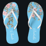 Rosa Blume Bright Blue Wedding Bride Flip Flops<br><div class="desc">Die Flops sind mit rosa Blume Illustration auf hellblauem Hintergrund und einem klassischen Hochzeitstil Typografie. Dieses schöne Paar eleganter Flip Flops wäre ein schönes etwas Blau für eine Frühlings- oder Sommerhochzeit. -Zeile Anpassen mit dem Text mithilfe der Vorlagenfelder. Wenn Sie gewollt haben, um den Stil, die Farbe oder die Textplatzierung...</div>