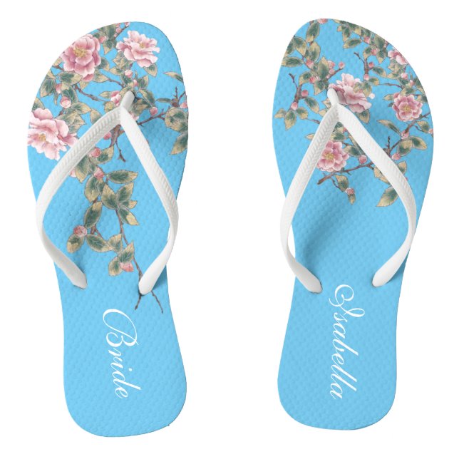 Rosa Blume Bright Blue Wedding Bride Flip Flops (Fußbett)