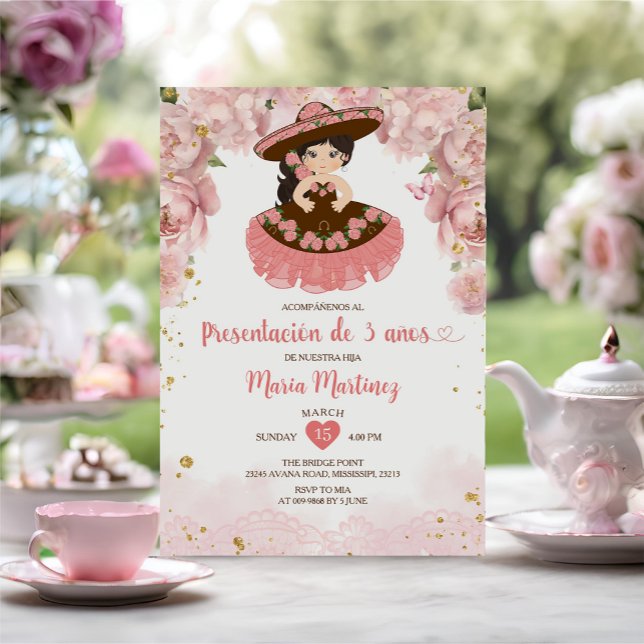 Rosa Blume Brown Girl Presentación De Tres Años Einladung (Von Creator hochgeladen)