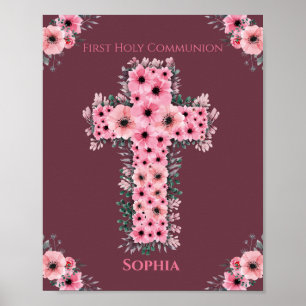 Rosa Blume Chic Erste Heilige Kommunion Girl Poster